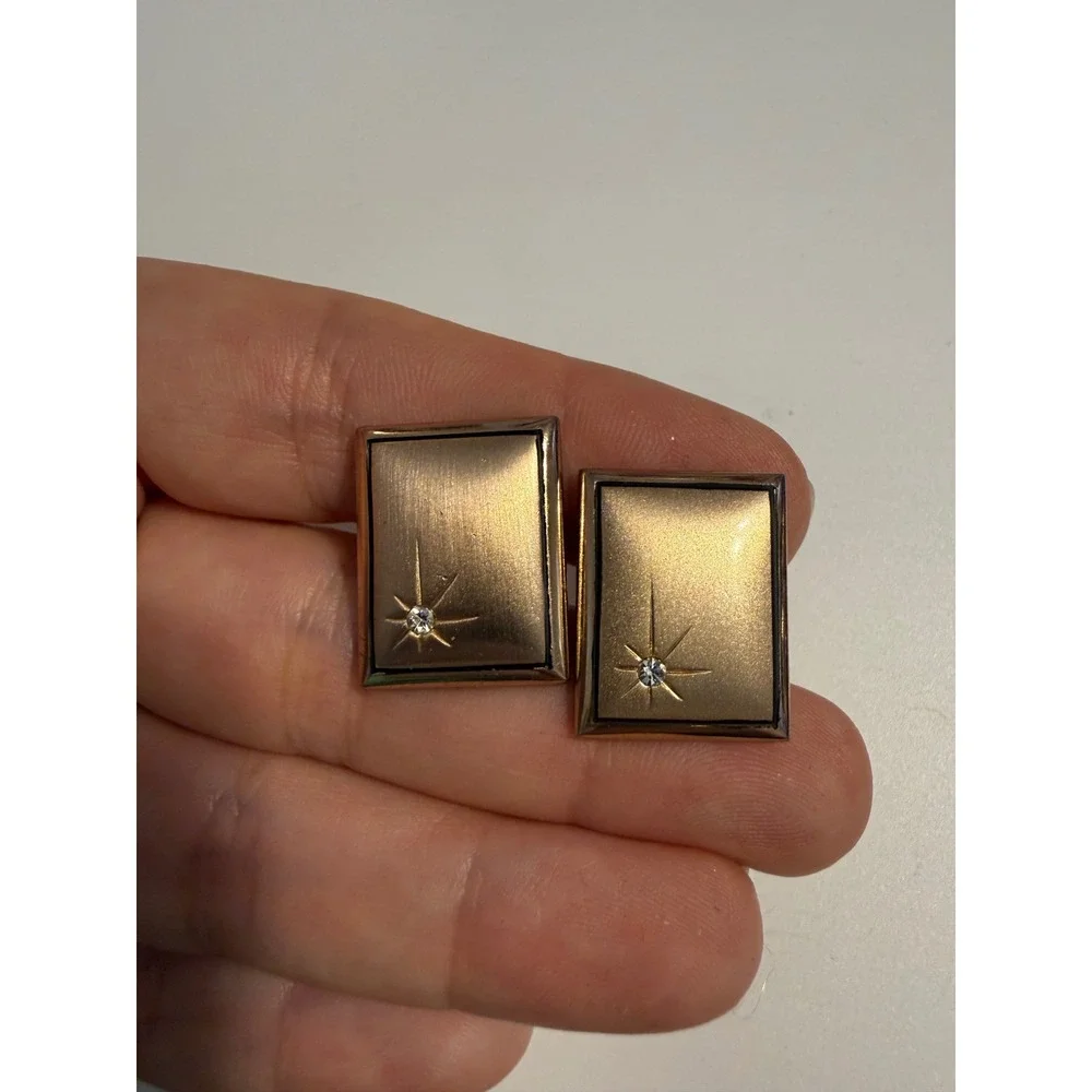 Vintage Gold Tone Starburst Rhinestone Rectangular Cufflinks Mid Century Modern
